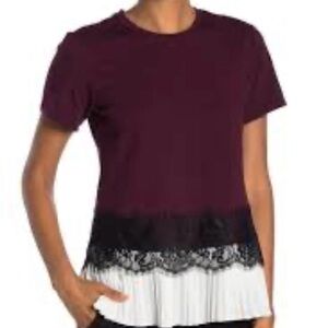 Laundry by Shelli Segal Women’s Short Sleeve Lace Insert Pleated T-Shirt Size XS